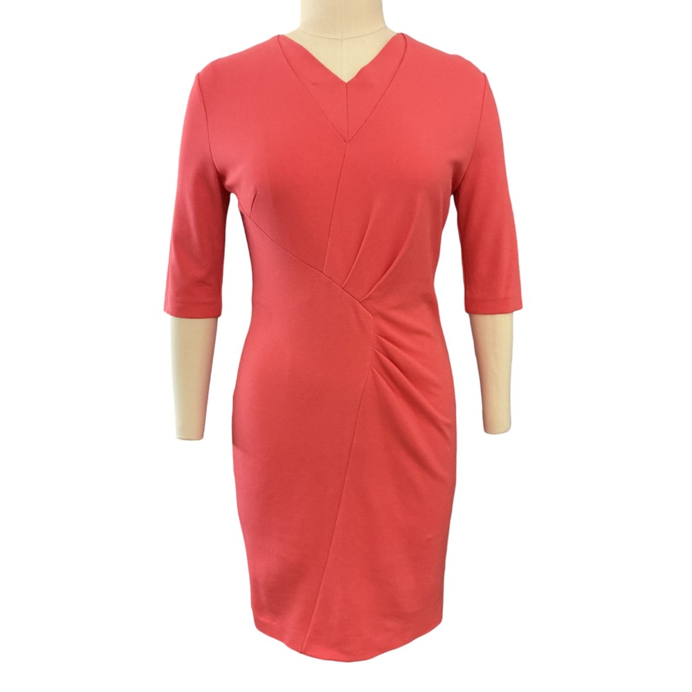 Escada Sheath Dress EU42 US12 Coral 3/4 Sleeve Ruched Side Asymmetrical  Jersey